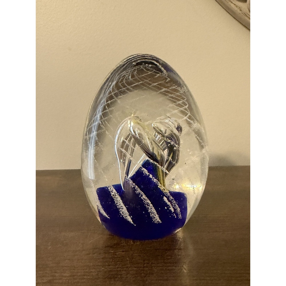 Beautiful Art Glass 4 Dolphin Paperweight Cobalt Blue White Swirl Hand Blown